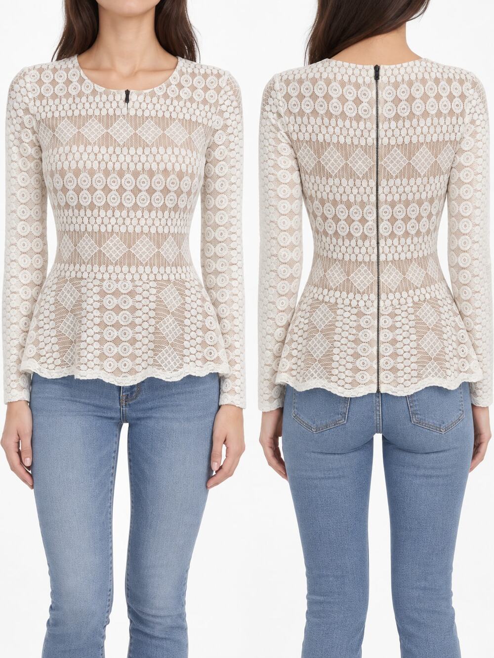 BCBG MAXAZRIA Ivory Lace Peplum Top Long Sleeve Zip Back XXS Coquette Fairy